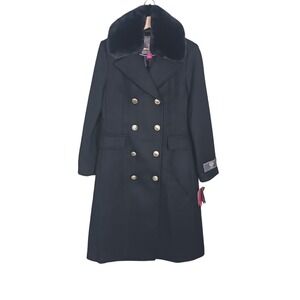 Vince Camuto Military Wool Blend Peacoat Double Breasted Faux Fur Collar S